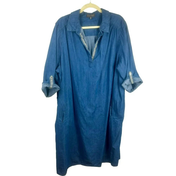 Luxology Chambray Shirt Dress Women Plus 24‎ Blue Roll Tab Sleeves Knee Length - Picture 1 of 7